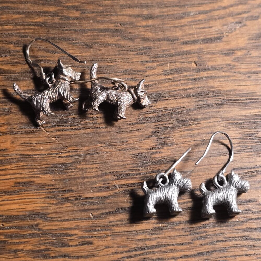Two pairs Scotty Dog earrings (That's four wee scottish dogs!) (Vintage, silver)